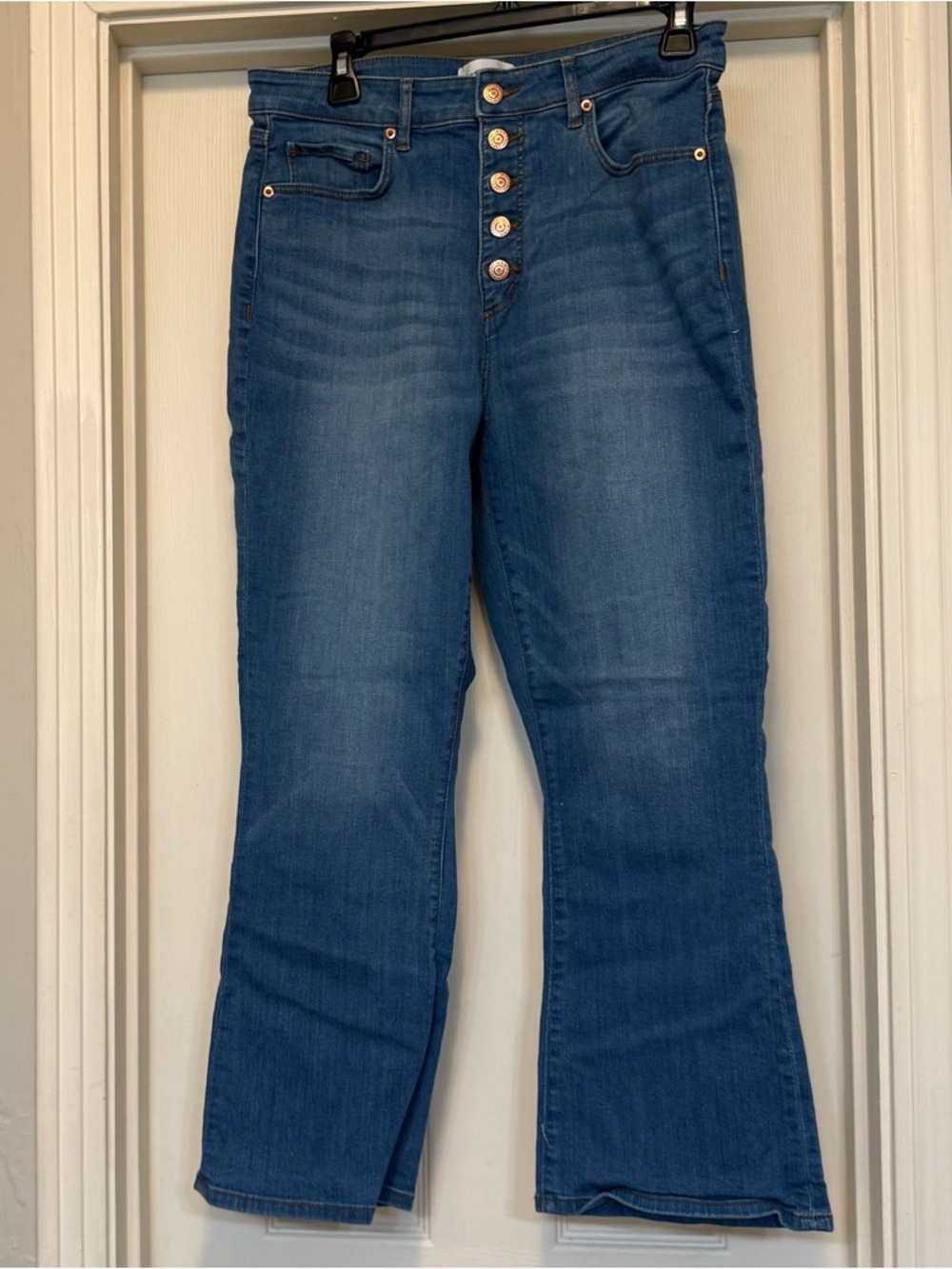 LOFT Medium Blue High-Rise Cropped Flare Jeans with Button Fly